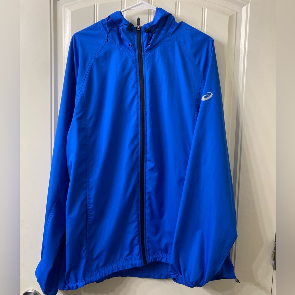 ASICS Men's Packable Water & Wind Resistant Jacket Blue L Adjustable Hood